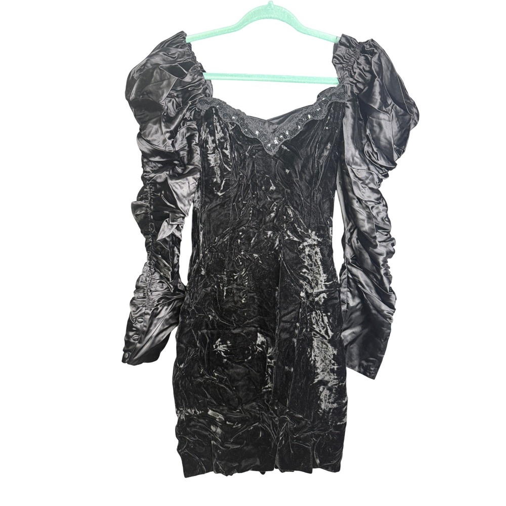 Vintage 80s Black Crushed Velvet Mini Dress Satin Puff Sleeve Sequin Lace 11/12